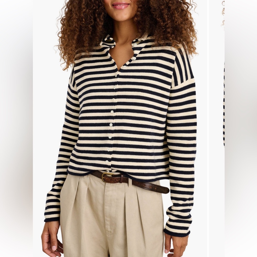 Alex Mill Navy and Cream Striped Button-Up Cardigan